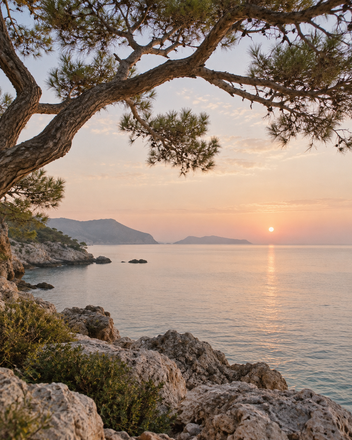 Mar en calma al amanecer enmarcado por un pino