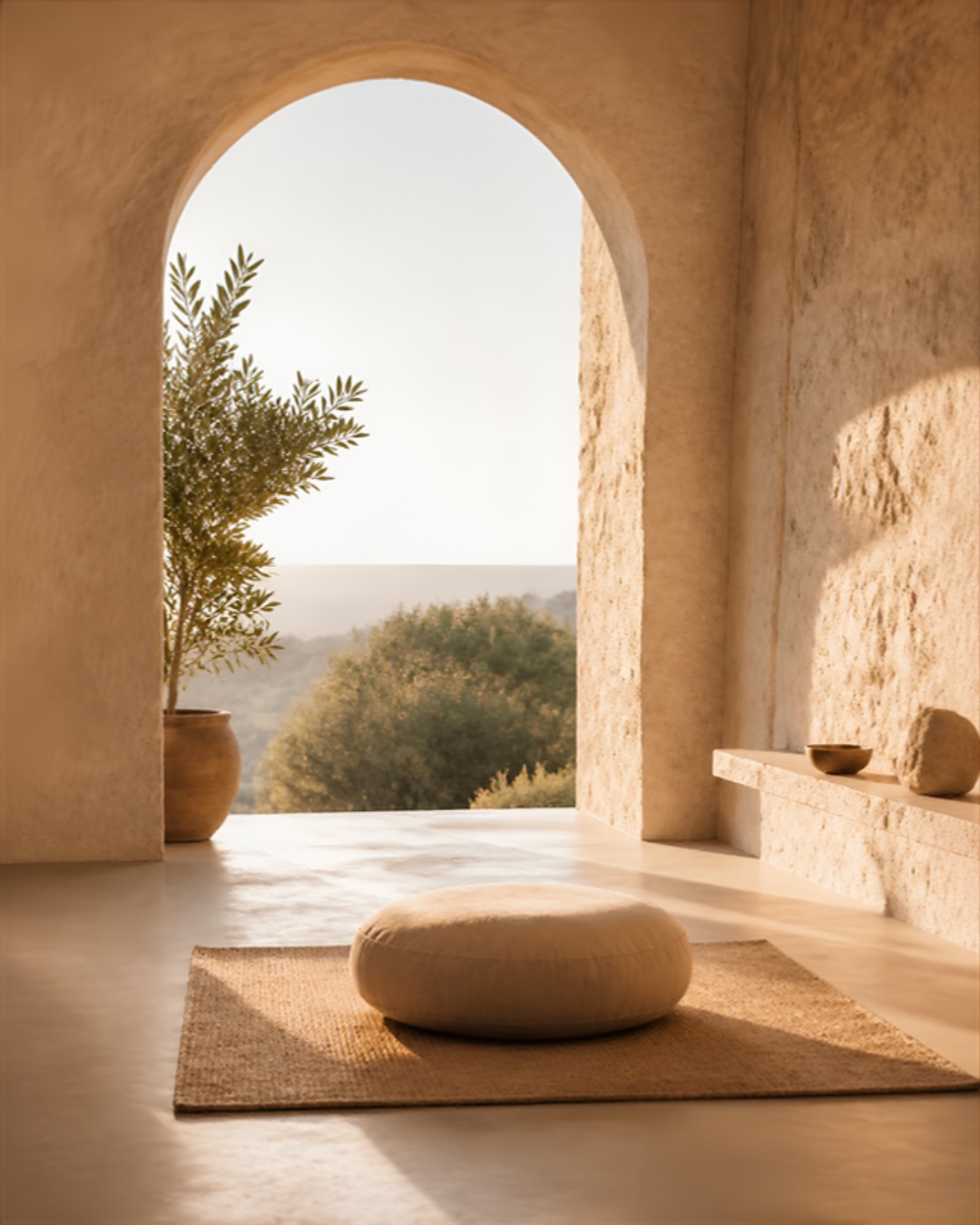 Zafu de meditación en un espacio de piedra abierto a la luz